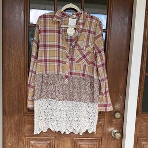 ODDY Plaid Tunic Top with Lace Trim in Mustard, Red, Cream